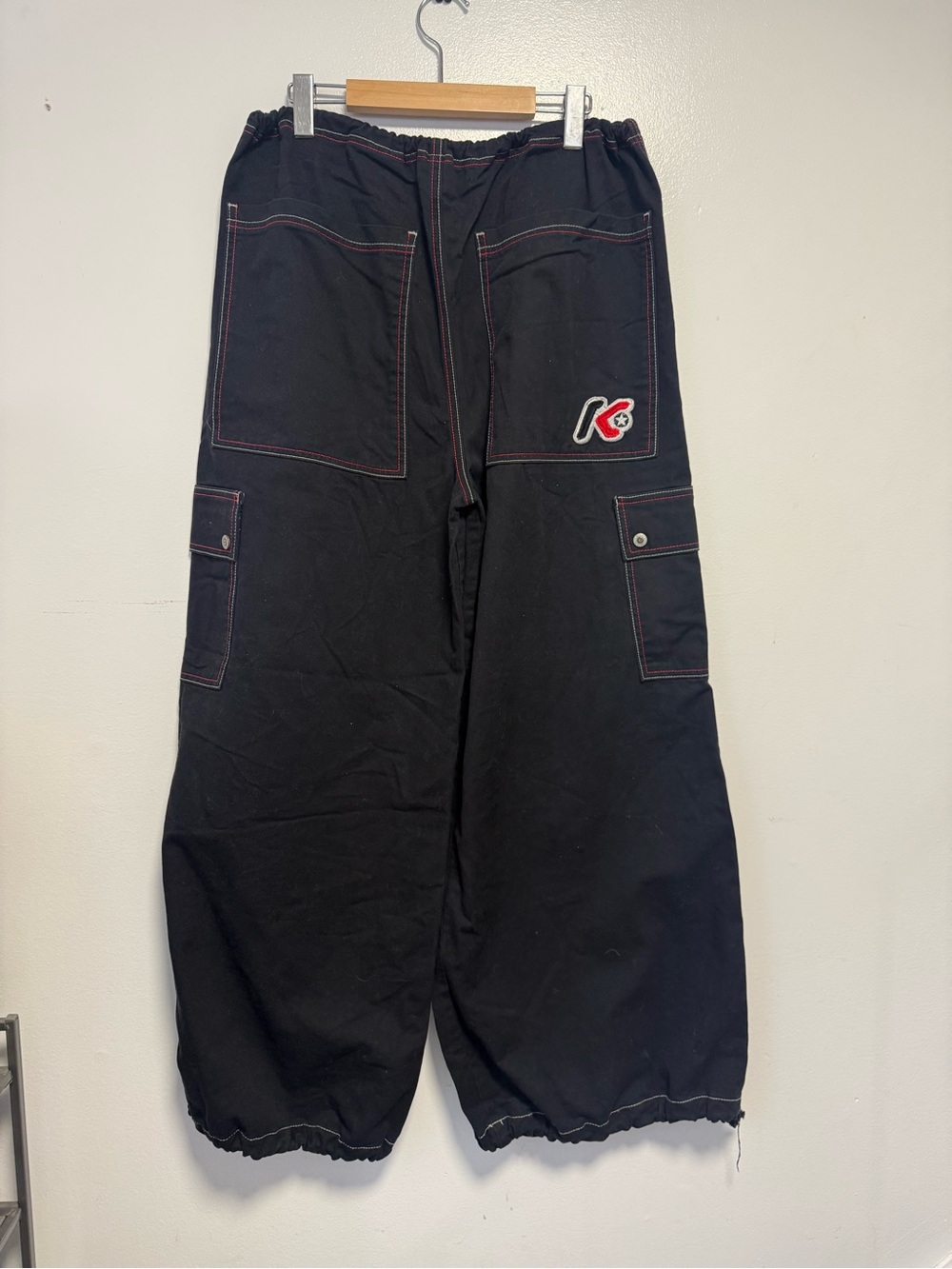 Mens kik wear Black Cargo Pants with Red Stitching, baggy